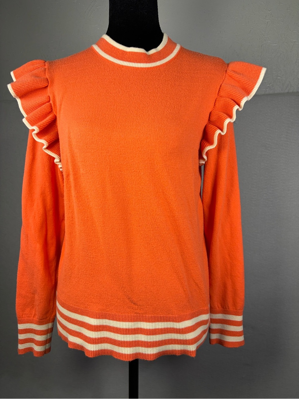 THML Bright Orange Ruffle Sleeve Knit Sweater with Cream Trim